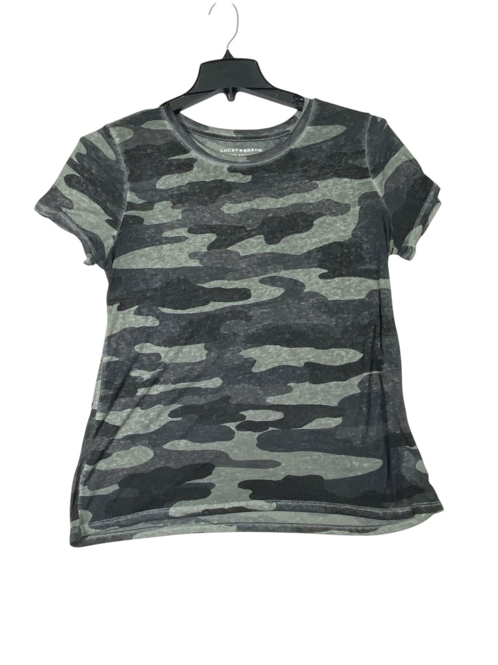 Lucky Brand Camo Burnout T-Shirt Women's M Black Gray Short Sleeve Semi Sheer